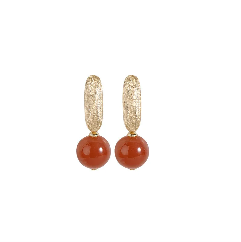 

New Fashion Jewelry S925 Pure Silver Gold-Plated South Eed Agate Beads With Simple Personality and Temperament Women's Earrings