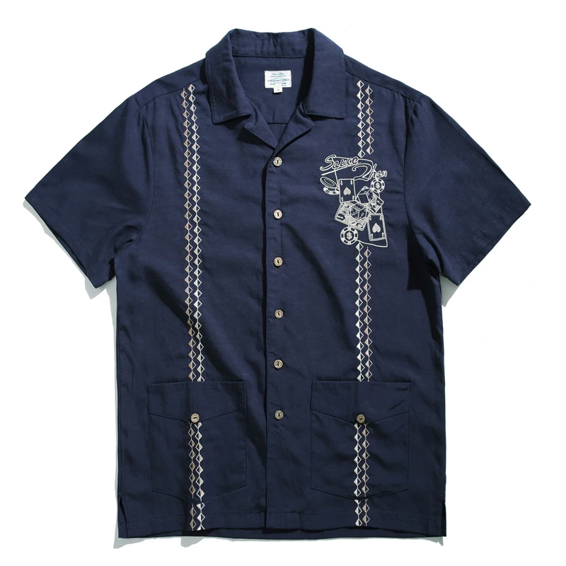 

Saucezhan Cuban Collar Men Shirts Vintage Poker Embroidered Short Sleeve Casual Shirts Tencel Hemp Fabric Cool Shirt Slim Fit
