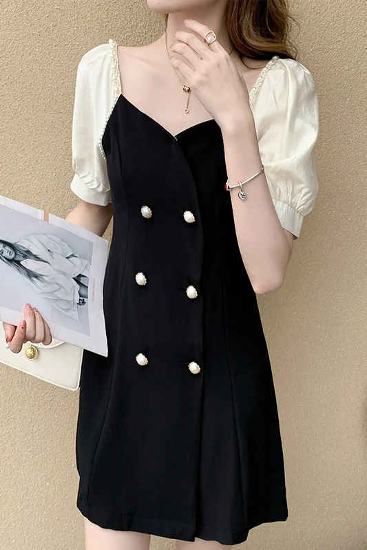 

COIGARSAM French Style Women dress New Summer Puff Sleeve V-Neck Dresses Black C3616