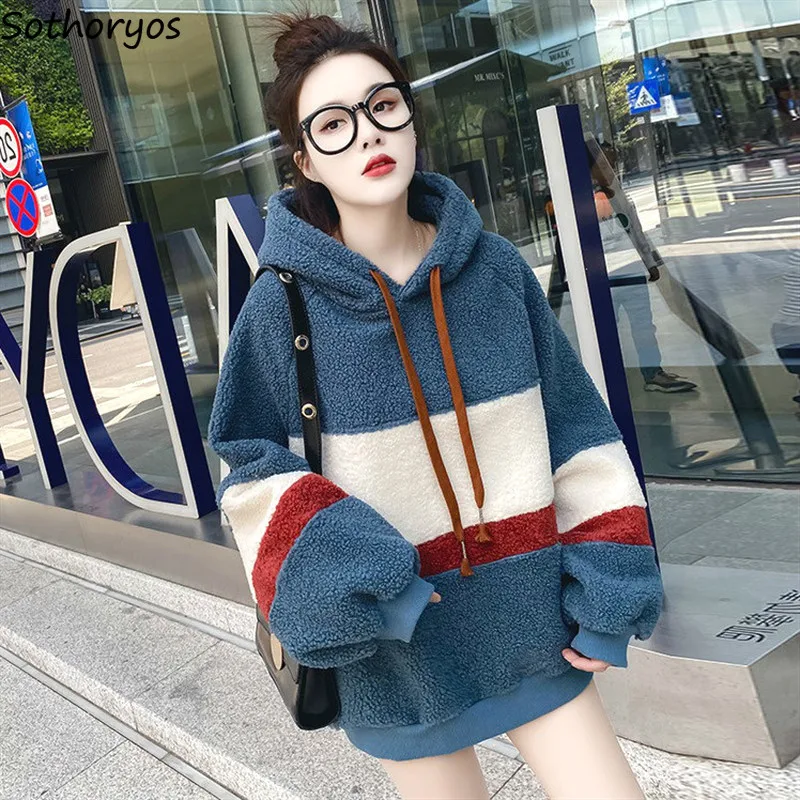 

With Hat Hoodies Women Plus Velvet Thicker Fashion Loose All-match Womens Chic Casual Winter Coat Simple Oversize Sweatshirts
