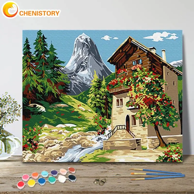 

CHENISTORY Diy Painting By Numbers Mountain Cabin Landscape Modern 60x75cm Frame Drawing Coloring By Numbers For Artwork Gift