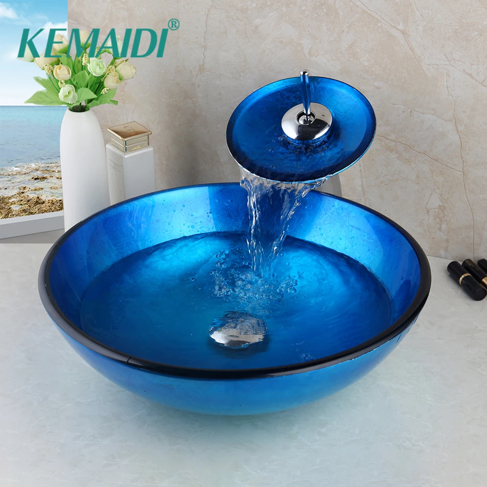 

KEMAIDI Artistic Glass Vessel Basin Sink Chrome Faucet & Pop-Up Drain Combo Set Bathroom Basin Sink Set Waterfall Mixer Tap