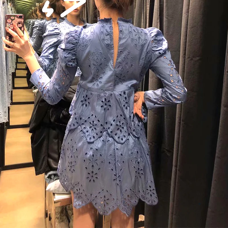 Женское мини-платье с рюшами синее вечернее платье-трапеция длинным рукавом и