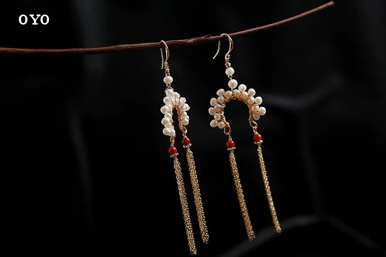 

14K Note Natural Pearl Exaggerated Tassel Dramatic Style Earrings