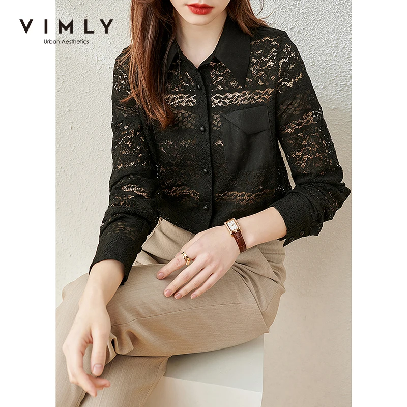 

Блузка женская кружевная однотонная с отложным воротником, весна 2021