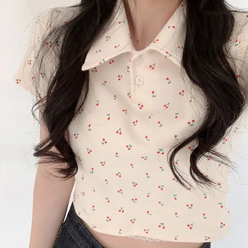 

Fruit Print T-shirts Women Female Cute Turn-down Collar Casual Short Sleeve High Waist Short Top 2020 Summer Sweet Clothing