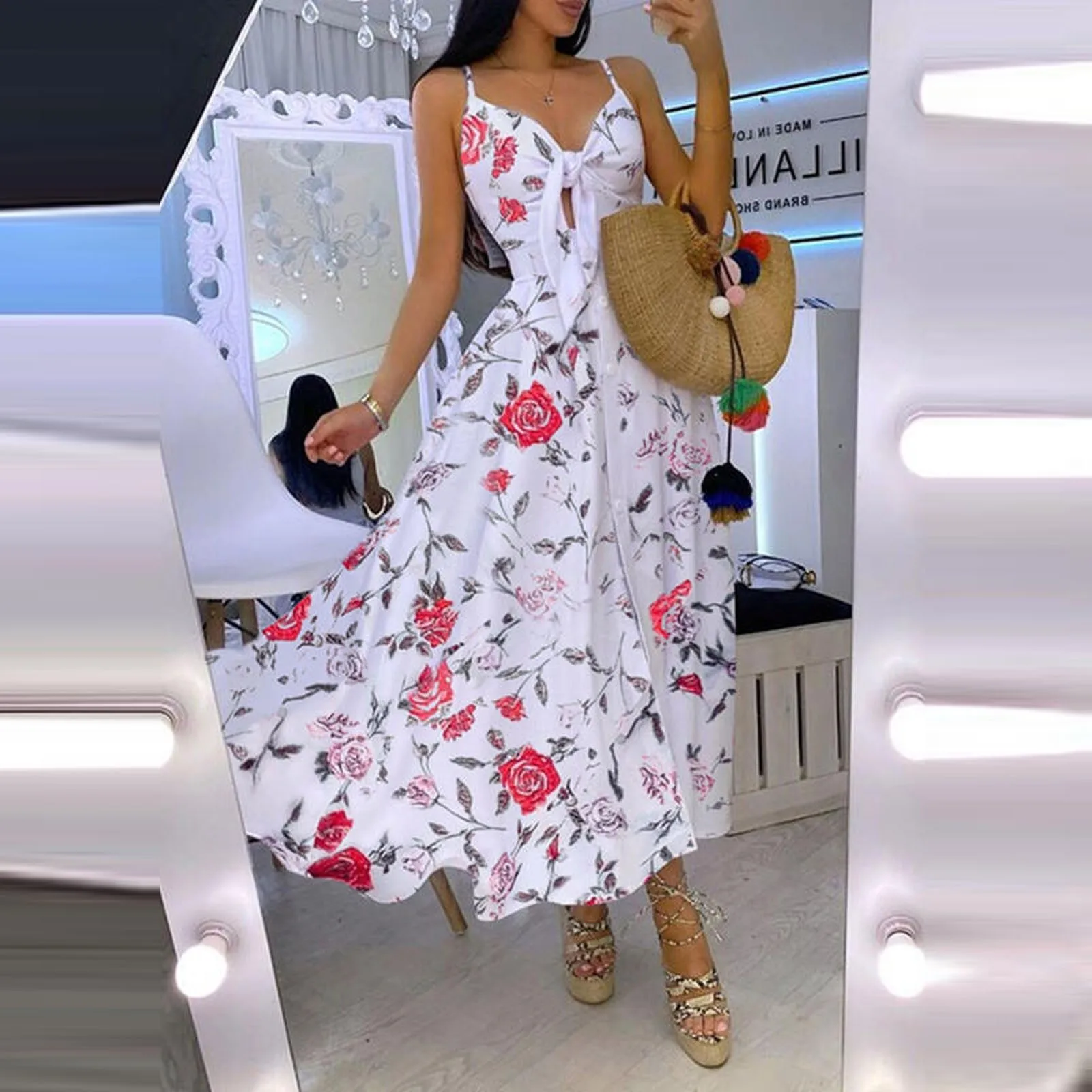 

2021 Summer Women's Dress Short Sleeve Printed Dress High Waist Knee-length Round Neck Hu Knot Dress