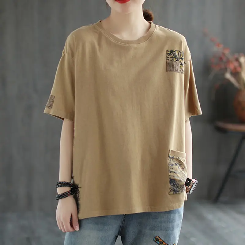 

100% cotton art retro pocket short-sleeved T-shirt for women's summer new style loose large size belly cover versatile shirt shi