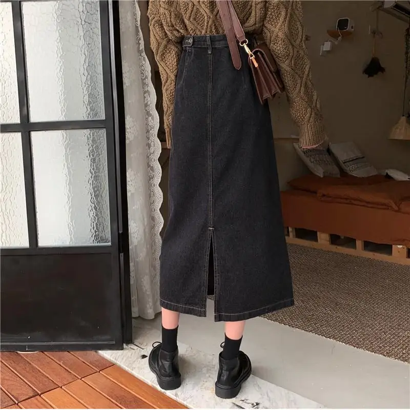 

Luck A Retro Women's Long Denim Skirt Khaki Oversized High Waist Button Pocket Split Jeans Straight Plus Size Split Long Skirt
