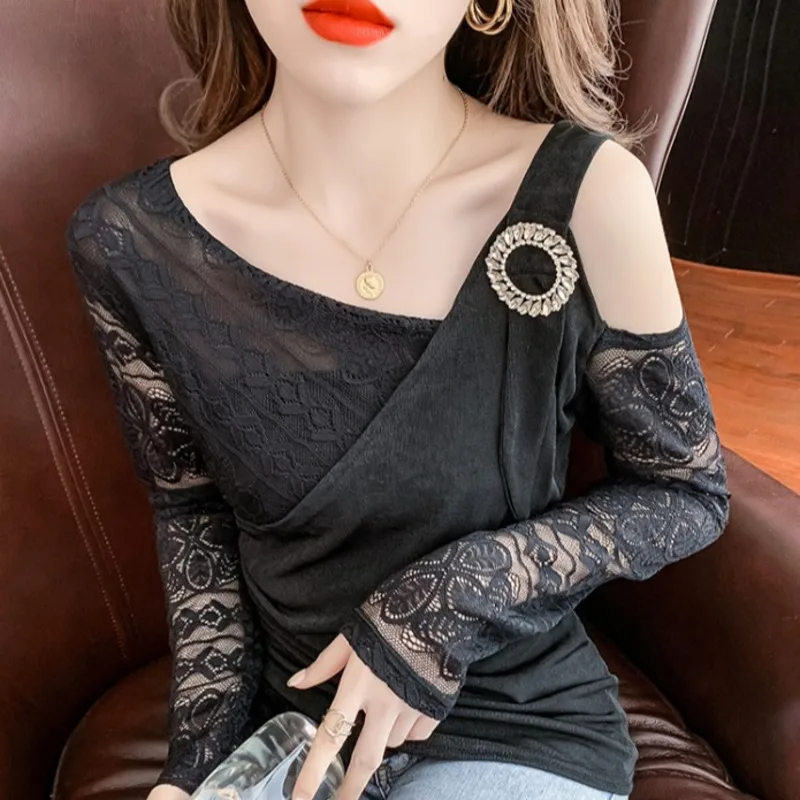 

#9089 Red Black Sexy Off Shoulder T Shirt Women Thin Long Sleeve Women's T Shirt Slim Thin Perspective Sexy Clothes Skew Collar