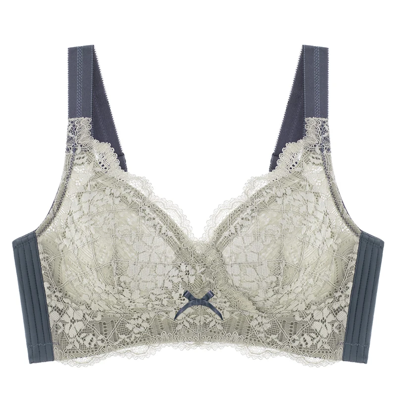 

YueYanni Lace Underwear Women's Thin Big Breasts Shows Small No Steel Ring Full Cup Bra Gathered Anti-sagging Large Size Bra