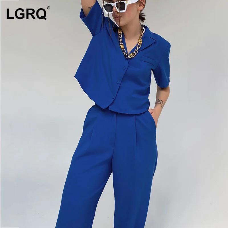 

[LGRQ] Wide Leg Pants Pink Color Two Piece Suit New Turn Down Neck Short Sleeve Women Fashion Tide Spring Autumn 2021 19D2265