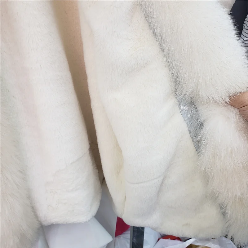

Women Denim Cotton Coat Winter Medium-Long Fox Fur Collar Loose Hooded Parka Streetwear Thick Warm Rabbit Fur Liner Jacket