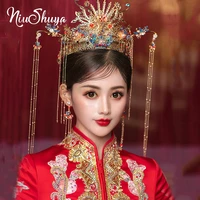 niushuya vintage chinese classical costume hair crown blue long tassel wedding bride wedding princess queen headdress