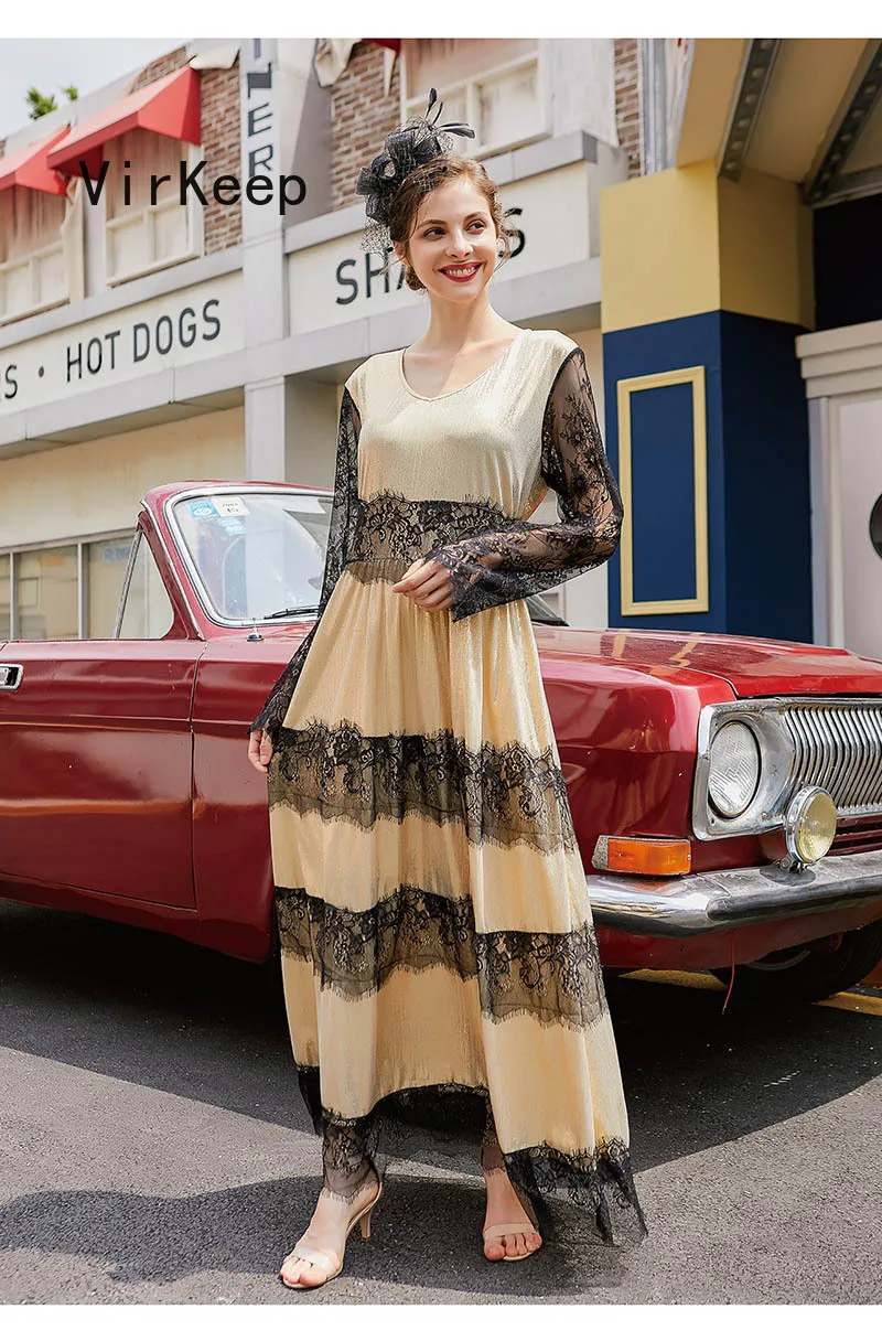 

women vintage lace splicing maxi dress plus size ladies holiday party robe casual gown spring autumn fashion streetwear VKDR2490