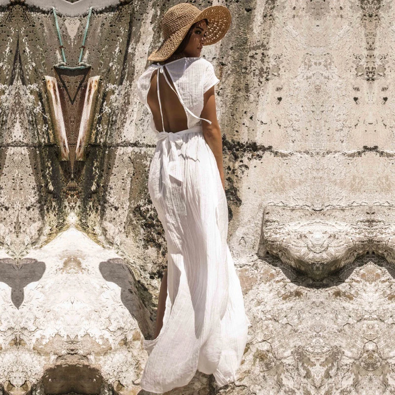 Женское пляжное платье с V образным вырезом белое богемное длинное открытой
