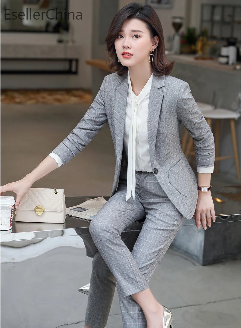 Модные серые клетчатые профессиональные деловые костюмы с комплектом из 2