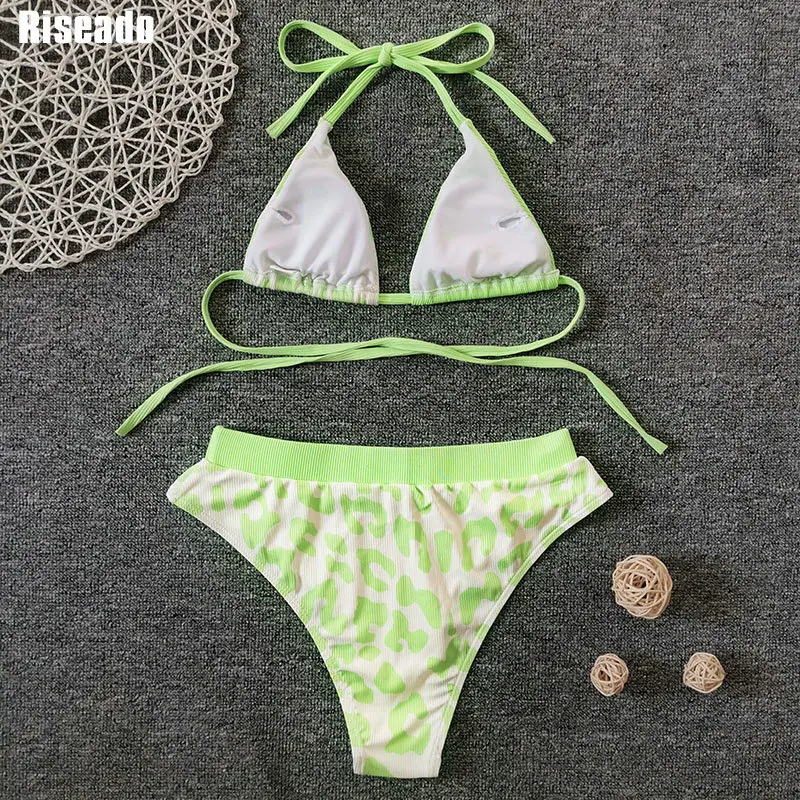 

Riseado Halter Bikini Ribbed Women's Swimsuit Knotted Swimwear Leopard Beachwear High Waisted Bathing Suit 2021 Sexy Bikini Set