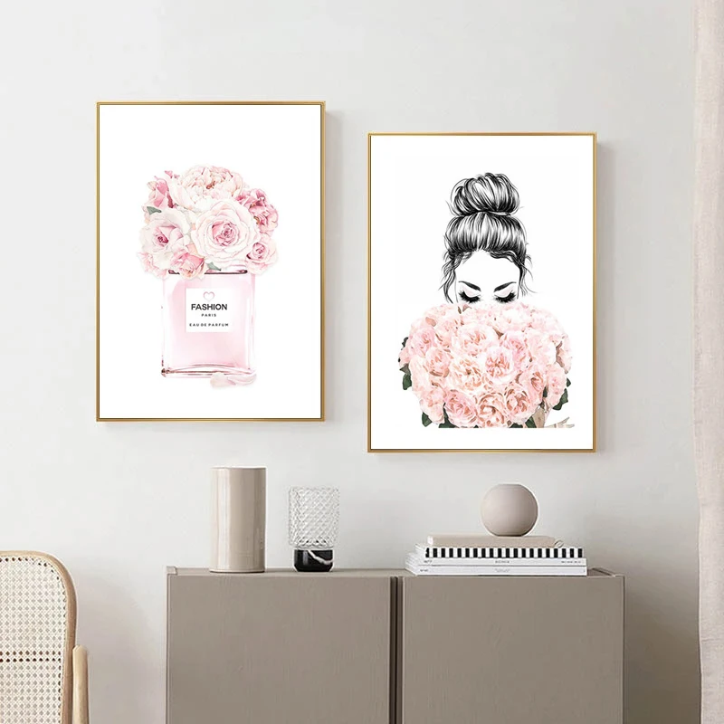 Модная Косметика печать постер розовый цветок девушка ресницы губы парфюм книга