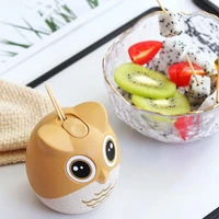 wheat straw cartoon owl toothpick holder box hand press automatic toothpick cans base room decorate toothpicks case