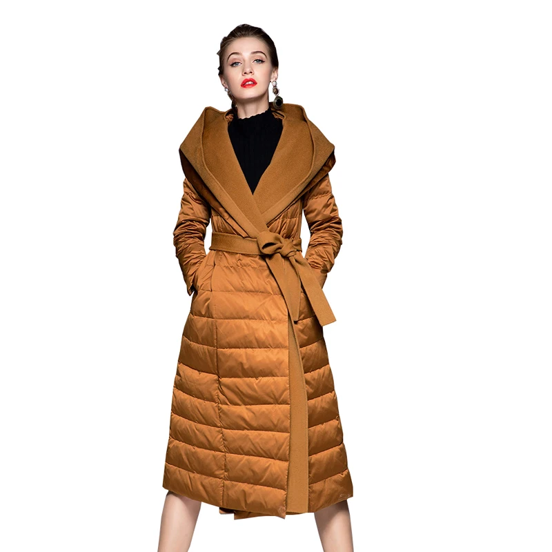 

Pop Women Winter White Duck Down Long Coat Parka Hooded Women Thick Warm Parkas Long Coat With Belt Outwear Casaco Feminino