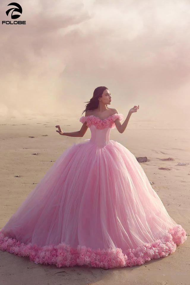 New Puffy 2020 Pink Quinceanera Gowns Princess Cinderella Formal Long Ball Gown Off Shoulder 3D Flowers sweet 16 dress | Свадьбы и