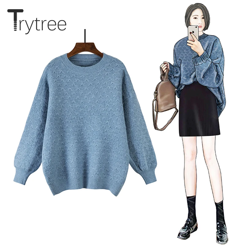 Женский Повседневный свитер Trytree вязаный свободный Однотонный с круглым вырезом