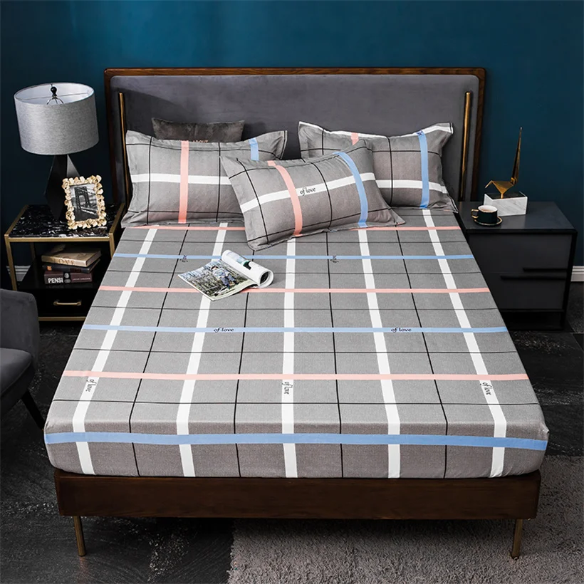 

Fitted Sheets with Elastic Band Dustproof Wrinkle Bed Cover Set Simple Plaid Grid Printing Bedding Pillowcase Mattress Cover