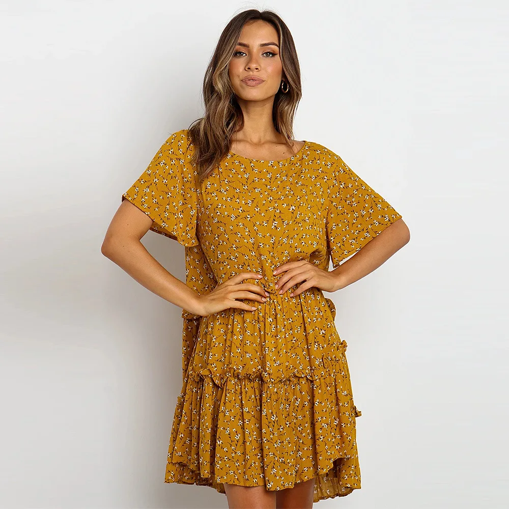 

Bohemian dress round neck loose fungus edge small floral dress summer new playful girl casual dress lovers date dress