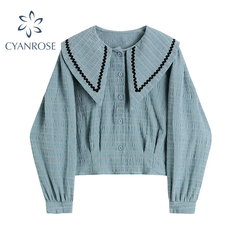 

French Women Shirts 2021 New Harajuku Long Sleeve Casual Doll Collar Vintage Female Single Breasted Blouses Loose Tops Autumn