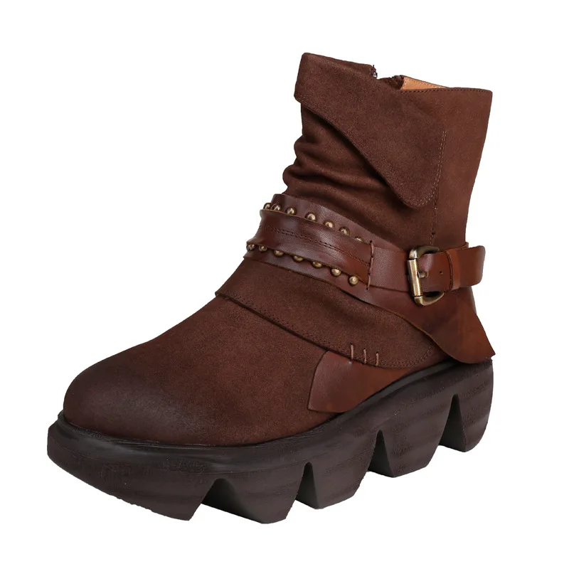 

Johnature Ankle Platform Boots Mixed Colors Genuine Leather Women Shoes Zip Round Toe 2021 New Retro Handmade Women Boots