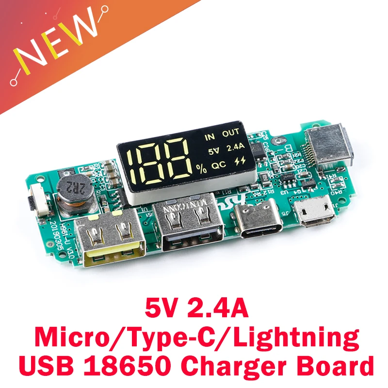 Светодиодный двойной USB 5V 2.4A Micro/Type-C/Lightning внешний аккумулятор 18650 зарядное
