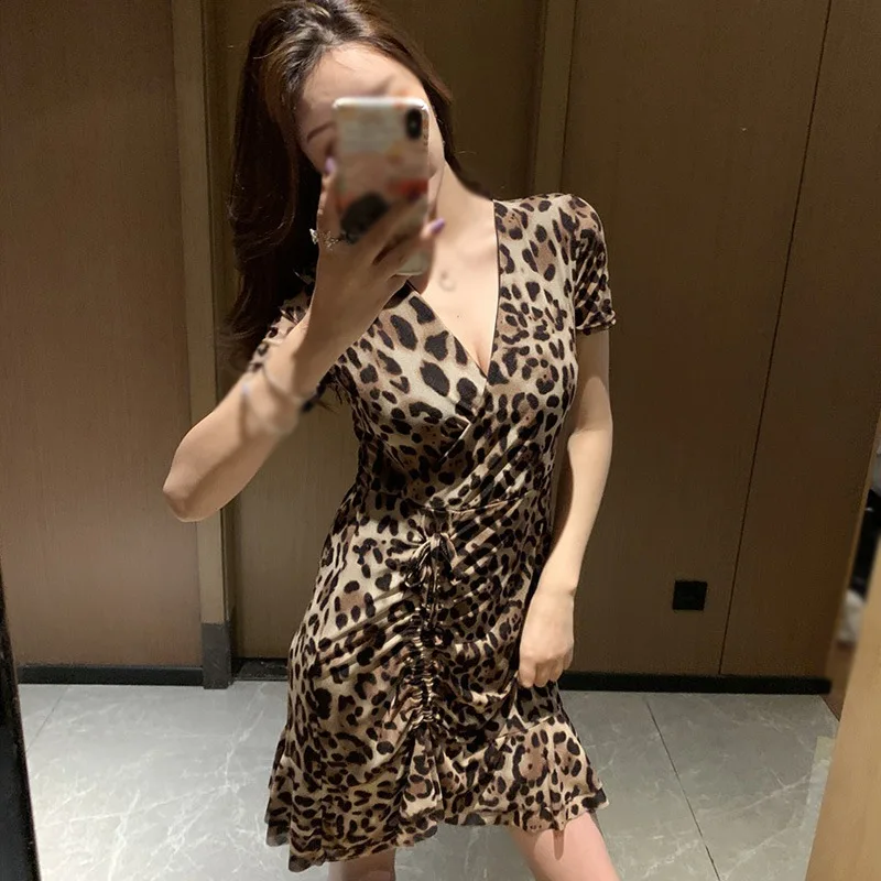 

ROPALIA Sexy Leopard Print Summer Dress V Collar Cross Irregular Dress Fashion Short Sleeve Dress