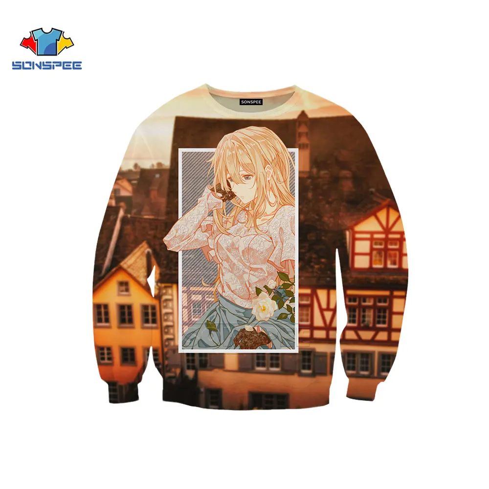 

SONSPEE Violet Evergarden Anime Sweatshirt New Men Women Hoodies 3D Print Harajuku Long Takuo Sleeve Fashion Top Neck Pullover