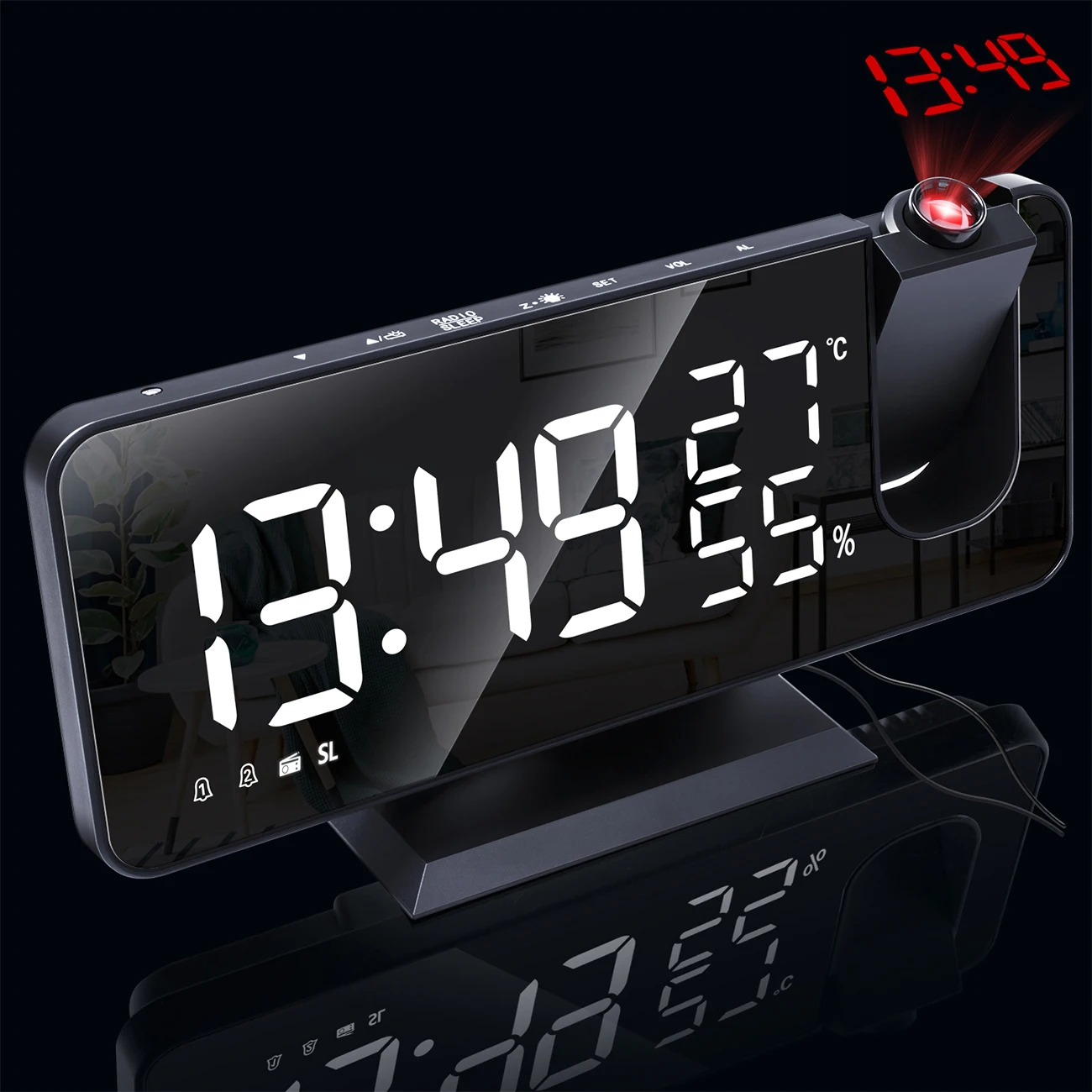

Digital Alarm Clock LED mirror Watch Table Electronic Desktop Clocks USB Wake up FM Radio Time Projector Snooze Function 3 Color