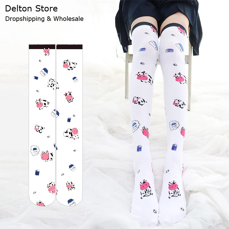 

Японские бархатные колготки с рисунком бычьей кожи, чулки в стиле "Лолита", чулки для косплея, кавайные аниме высокие носки до бедра, аксессу...