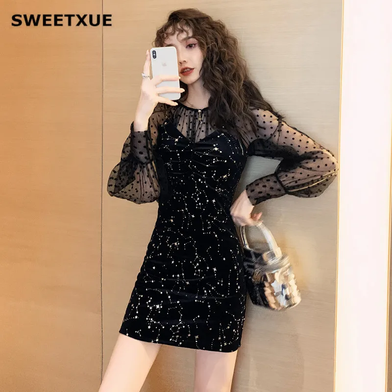 SWEETXUE черная юбка, комплект из 2 предметов, Женский сетчатый топ в горошек+ Железная цепочка, бархатное платье с принтом, повседневный клубный костюм, элегантный женский