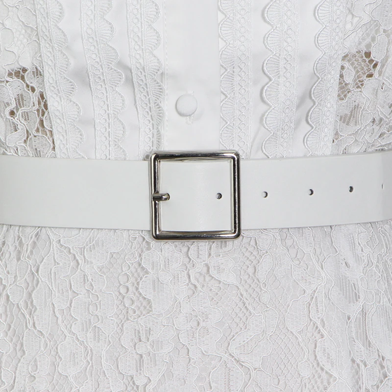 

Lace Patchwork Casual Dress For Women Stand Collar Half Sleeve High Waist Elegant Mini Dresses Female 2021 Clothing