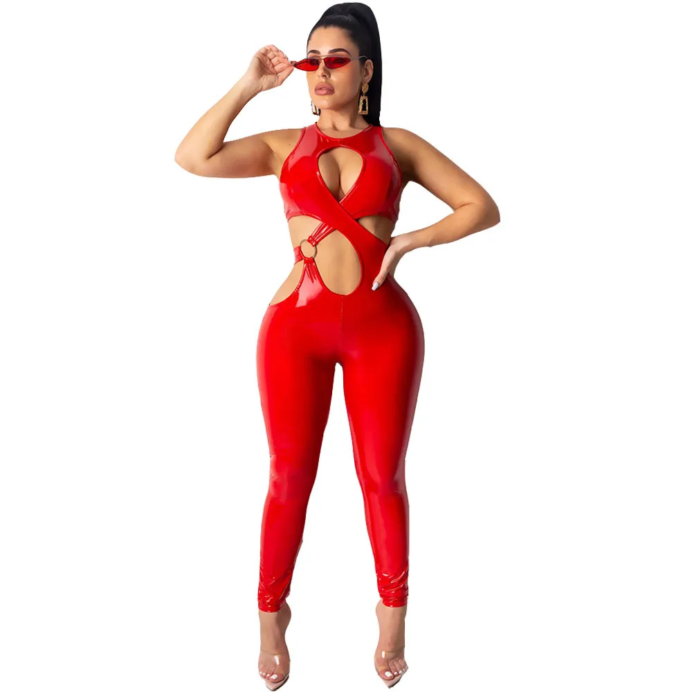 Женский Облегающий комбинезон из ПУ кожи с вырезами без рукавов |