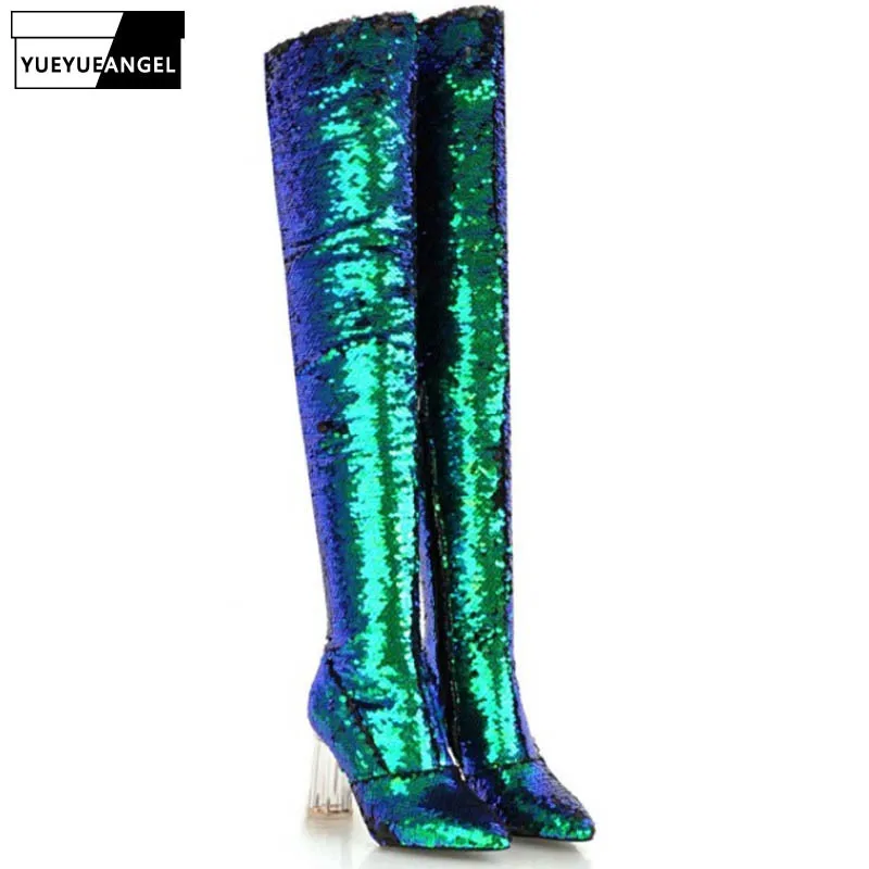 Женские сапоги выше колена с блестками на блочном каблуке | Обувь