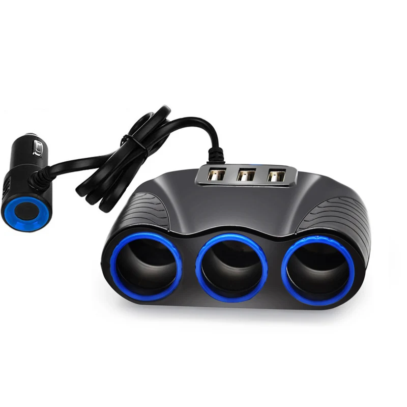 3 USB Port 3 Way 3.1A Blue Led Car Cigarette Lighter Socket Splitter Hub Power Adapter 12V-24V For iPad Smartphone DVR GPS