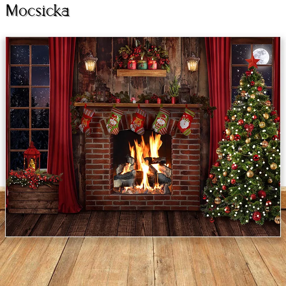 

Christmas Fireplace Backdrop for Photography Xmas Tree Background Kids Family Portrait Photobooth Banner Photo Studio Props