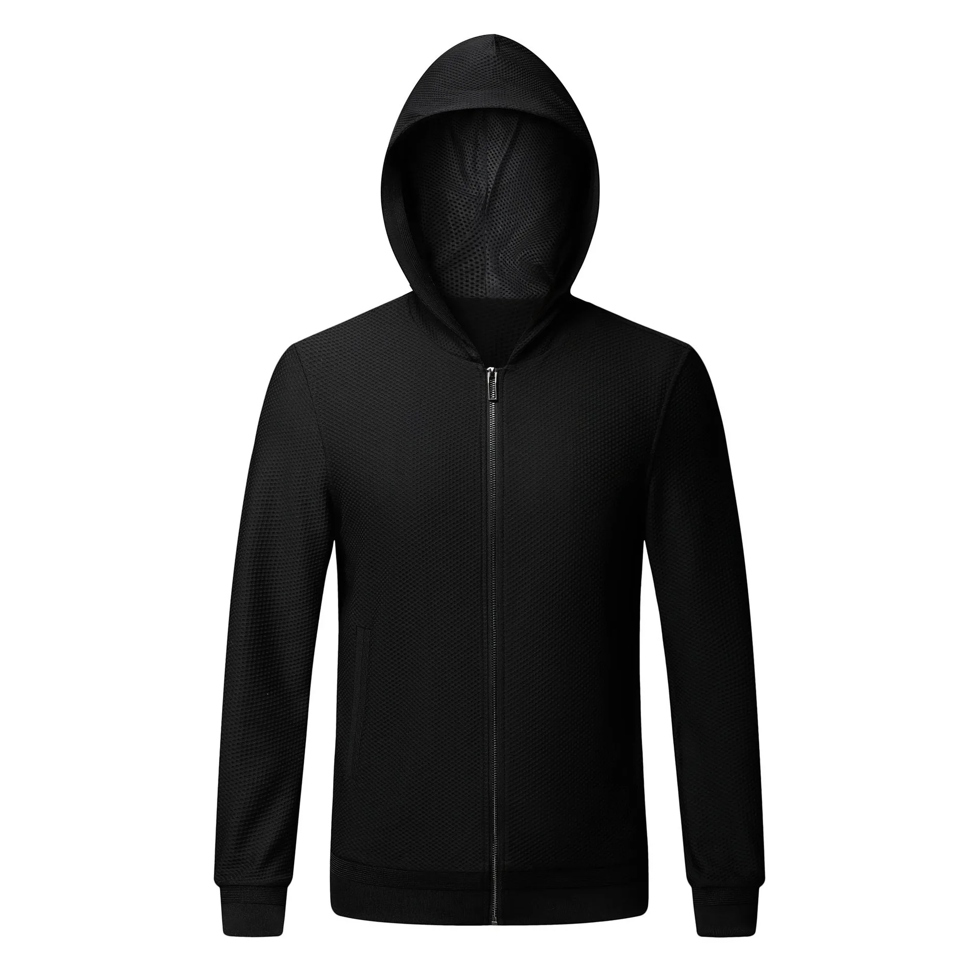 

Spring men's jacket zipper hood side seam pocket casual solid color straight hem men's sports jacket