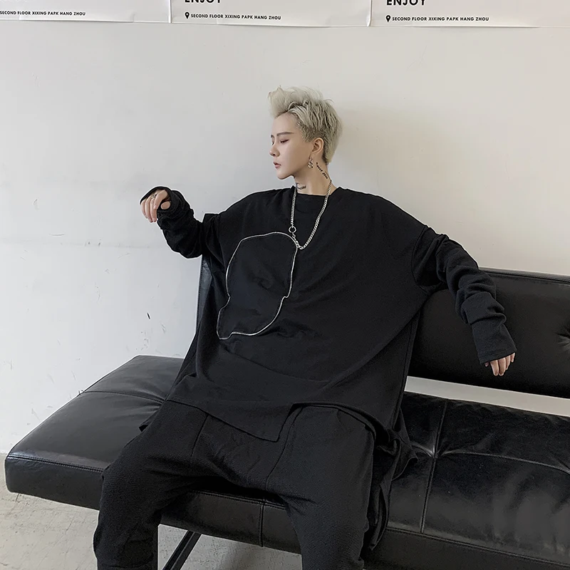 IEFB / Men's Clothes 2020 autumn Hip-hop Personality Hem Zipper Decoration Loose Long Sleeve T-shirt Big Size 9Y432 | Мужская одежда