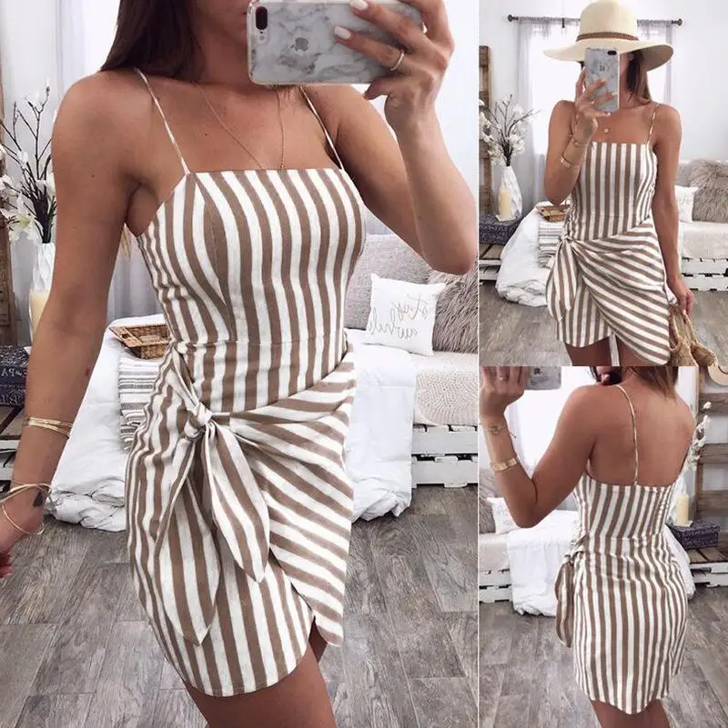 2021 summer women's dress suspenders two wear irregular hem striped halter beach dress with knots
