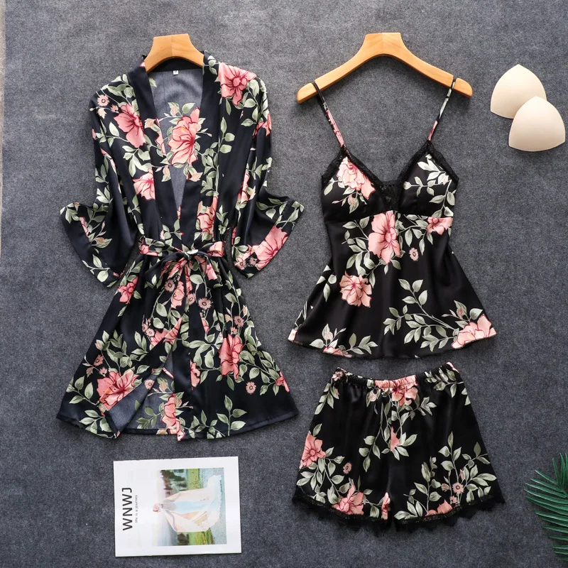 2019 летние женские пижамные комплекты из 3 предметов атласная пижама майка без