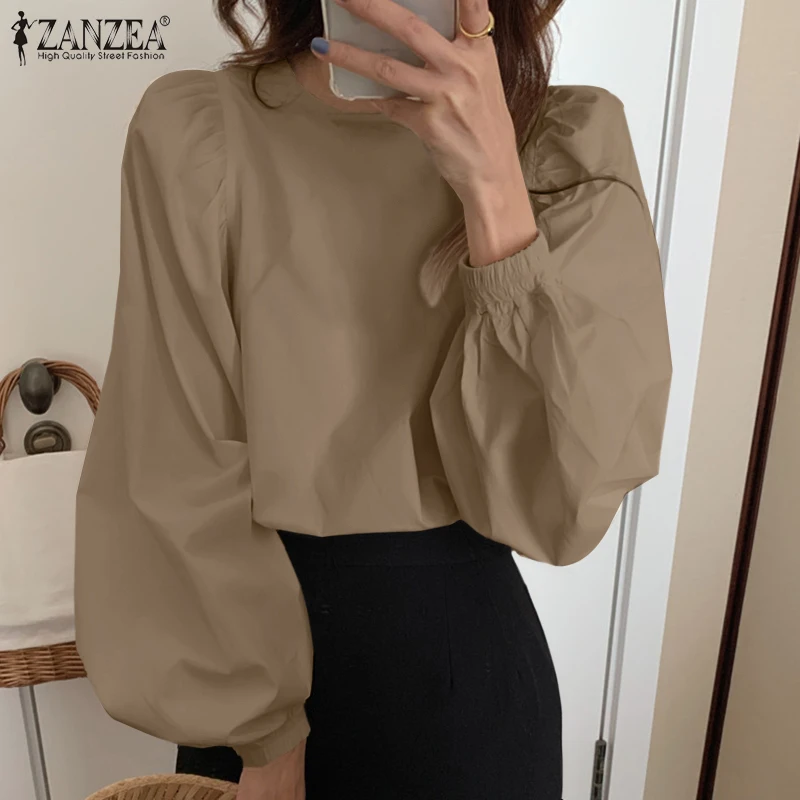 

Элегантная Женская Осенняя рубашка ZANZEA с длинным рукавом, Женская однотонная офисная блузка, повседневная однотонная Рабочая Рубашка с кру...