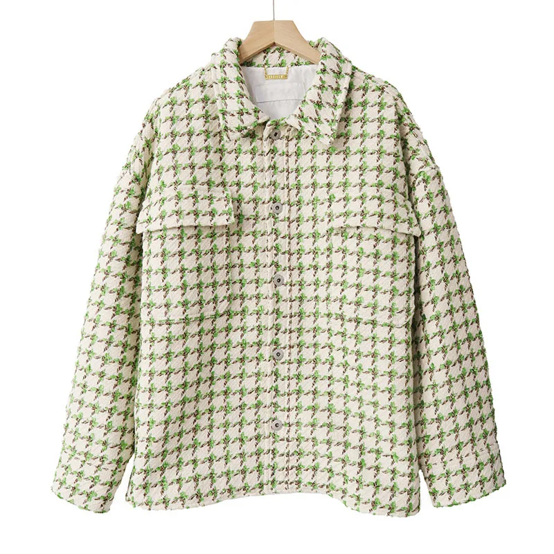 

Women Wollen Trench Wool Blend Coat 2021 Spring New Houndstooth Tricolor Long Sleeve Lapel Woolen Loose Casual Jacket Women