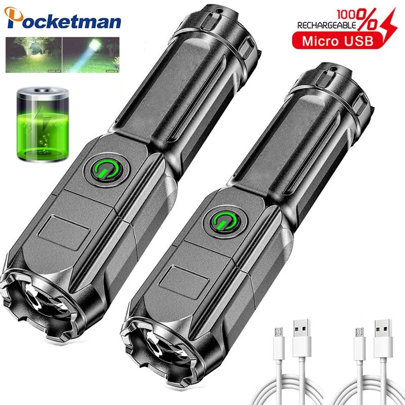 

2pcs Multi-Function Bright Flashlights ABS Strong Lighting Focusing Flash Light USB Rechargeable Zoom Xenon Forces Outdoor Torch