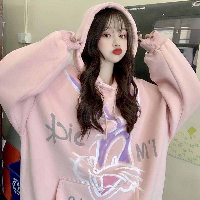 

Woman Hoodie 2021 New Korean Fashion Sweet Casual Wild Cartoon Print Design Loose Plus Velvet Thick Hooded Hoodies Sweatshirt
